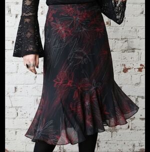 90's Whimsigoth Black Red Floral Midi Skirt - Dark Fairy Grunge Flounce Hem